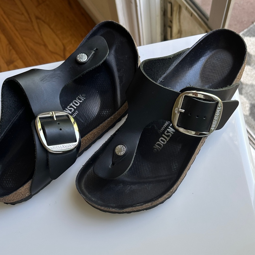 Birkenstock Black Leather women’s  Slide Sandals with Silver Buckles
